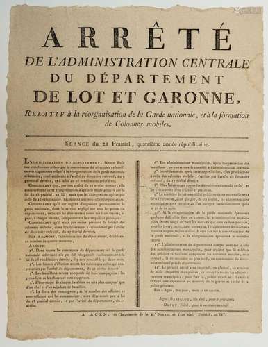 LOT ET GARONNE. 1796. « Arrêté de l’Administration Centrale ...