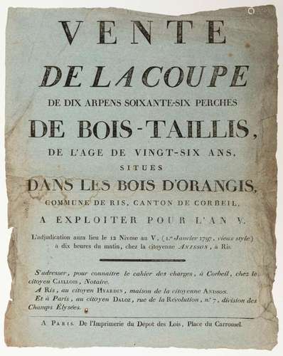 ESSONNE. 1797. RIS-ORANGIS : « Vente de la Coupe de 10 arpen...