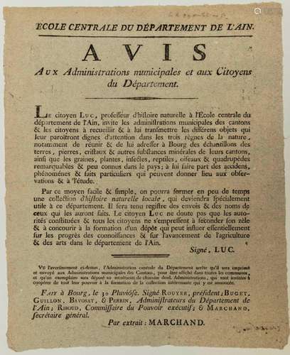 AIN. 1797. COLLECTION D’HISTOIRE NATURELLE LOCALE. Avis du c...