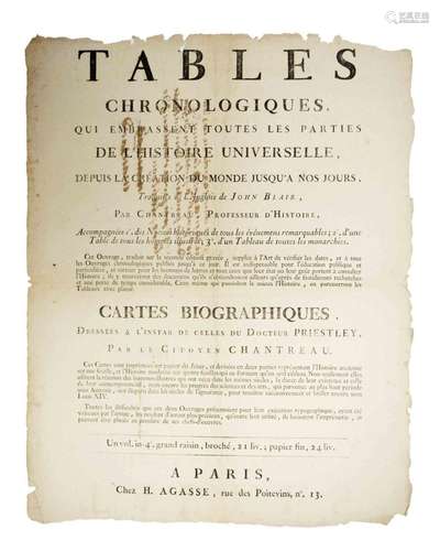 PARIS. LIBRAIRIE AGASSE. 1797. « Tables chronologiques qui e...