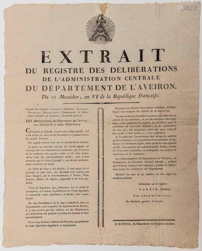 AVEYRON. 1798. DROIT DE PASSE ET BARRIÉRES. Extrait du Regis...