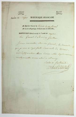 Maréchal MACDONALD. Lettre signée “MACDONALD Général en Chef...