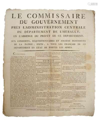 HÉRAULT. 1800. APPEL AUX ARMES. Adresse de BRUN Le Commissai...