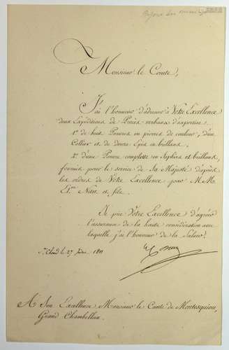 BIJOUX DE L’EMPEREUR NAPOLÉON 1er. Lettre signée Pierre DARU...