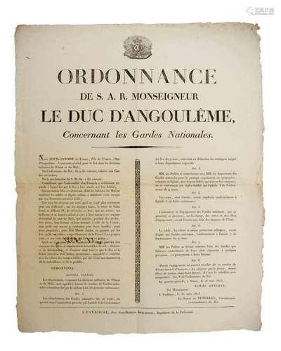 GARD. 1815. « Ordonnance de S.A.R. Monseigneur LE DUC D’ANGO...