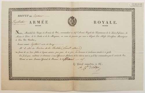 ARMÉE ROYALE. 1815. MAINE-ET-LOIRE. Brevet signée « Le Cheva...