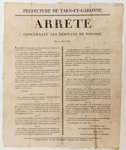 TARN-ET-GARONNE. « Arrêté concernant les DÉBITANTS DE POUDRE