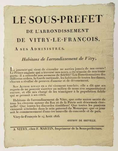 MARNE. 1816. Adresse de Mr ONFROY DE BREVILLE « Le Sous-Préf...