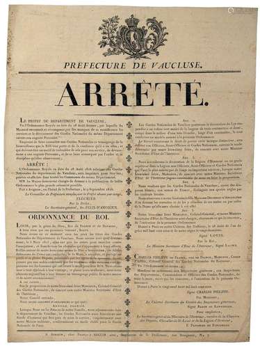 GARDES NATIONALES DE VAUCLUSE. 1816. Arrêté de FLÉCHIER Préf...