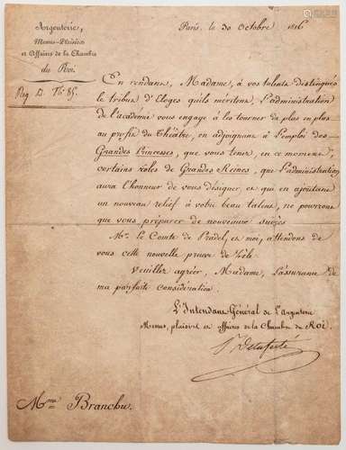 MENUS-PLAISIRS DU ROI. Paris 30 Octobre 1816. Lettre signée ...