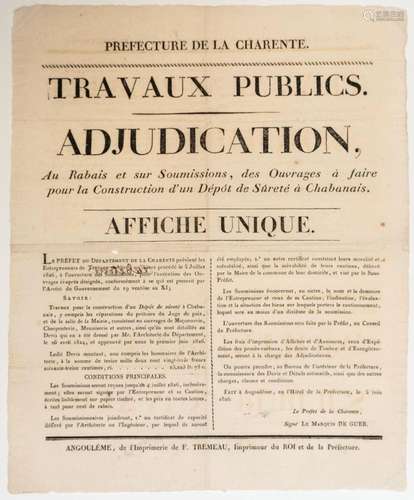 CHARENTE. 1826. PRISON. « Adjudication au rabais et sur Soum...