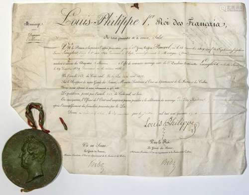 LOUIS-PHILIPPE Roi des Français. Brevet de mariage