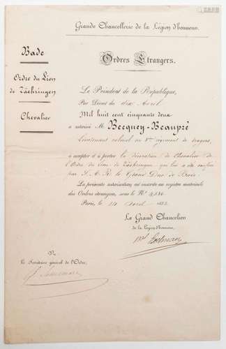 LÉGION D’HONNEUR. 1852. Ordres Étrangers. Lettre signée du «...