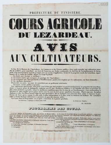 FINISTÈRE. 1859. « COURS AGRICOLE DU LÉZARDEAU. Avis aux Cul...