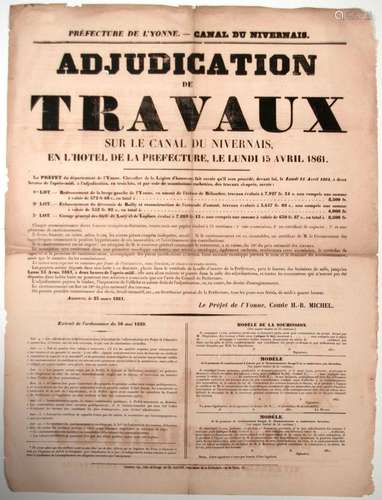 YONNE. 1861. Adjudication de Travaux sur le CANAL DU NIVERNA...