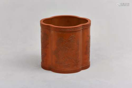 A CHINESE BAMBOO VENEER 'LOTUS POND' BRUSH POT