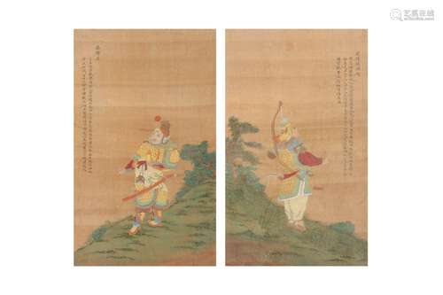 ANONYMOUS Warriors, ink and colour on silk, two framed Chine...