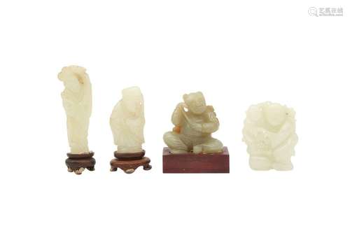 A GROUP OF FOUR CHINESE PALE CELADON JADE FIGURES. Qing Dyna...