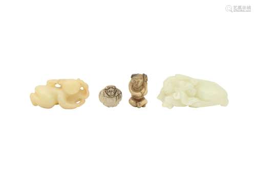 A CHINESE PALE CELADON CARVING OF A RAM, TOGETHER WITH THREE...