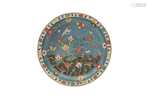 A CHINESE CLOISONNÉ ENAMEL 'LOTUS POND' DISH. Late Ming Dyna...