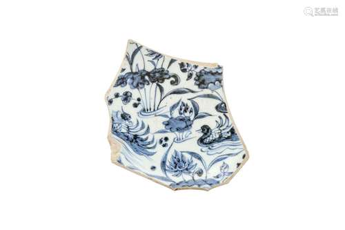 A CHINESE BLUE AND WHITE 'LOTUS POND' BOWL SHARD. Yuan Dynas...