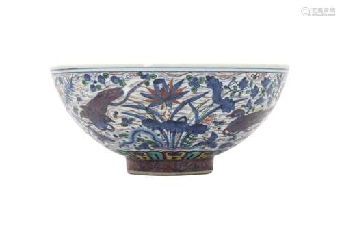 A CHINESE WUCAI 'LOTUS POND' BOWL. Ming Dynasty, Longqing ma...