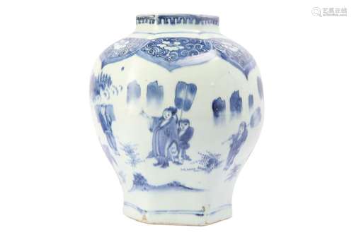 A CHINESE BLUE AND WHITE FIGURATIVE VASE. Transitional perio...