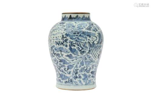 A CHINESE BLUE AND WHITE BALUSTER 'PHOENIX' VASE. 17th Centu...