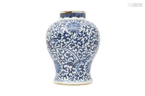 A CHINESE BLUE AND WHITE BALUSTER 'LOTUS' VASE. Qing Dynasty...