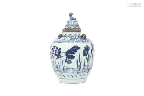 A CHINESE BLUE AND WHITE ‘LOTUS POND’ JAR AND COVER. Qing Dy...