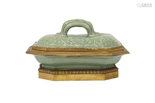 A CHINESE CELADON-GLAZED GILT-MOUNTED TUREEN AND COVER. Qing...