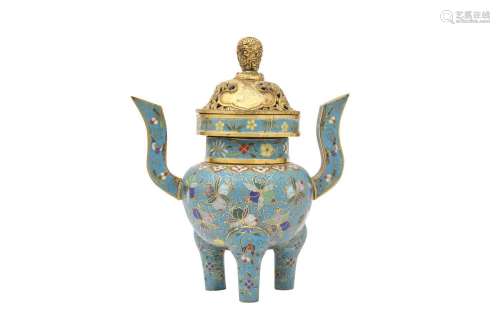 A CHINESE CLOISONNÉ TRIPOD CENSER AND COVER. The compressed ...