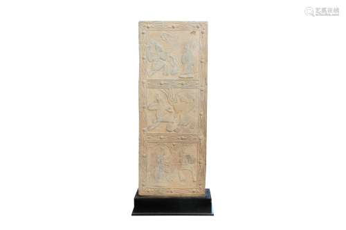 A CHINESE CERAMIC POLE STAND. Han Dynasty. With a rectangula...