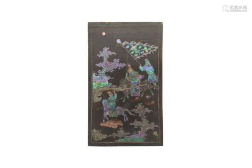 A CHINESE MOTHER OF PEARL-INLAID BLACK LACQUER PANEL. Qing D...