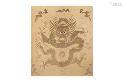 A CHINESE GOLD THREAD EMBROIDERED ‘DRAGON’ PANEL. Qing Dynas...