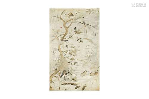 A LARGE CHINESE EMBROIDERED 'HUNDRED BIRDS' SILK PANEL. Qing...