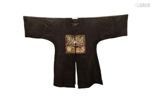 A CHINESE BLACK GAUZE ROBE WITH TWO GOLD THREAD EMBROIDERED ...