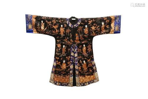 A CHINESE BLACK-GROUND EMBROIDERED SILK 'LUOHANS' ROBE. Qing...