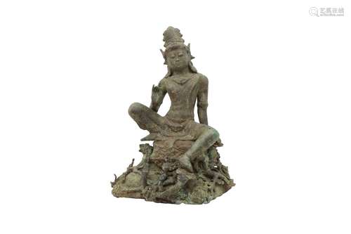 AN INDONESIAN BRONZE FIGURE OF A BODHISATTVA. Seated in lali...