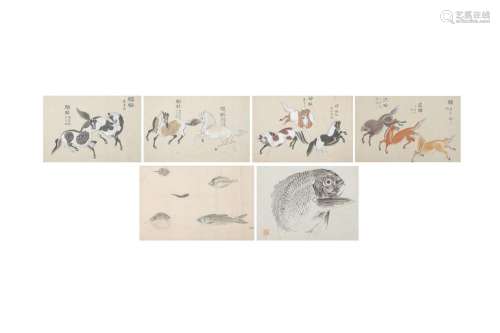 SIX JAPANESE PAINTINGS OF FISH AND HORSES. Edo / Meiji perio...