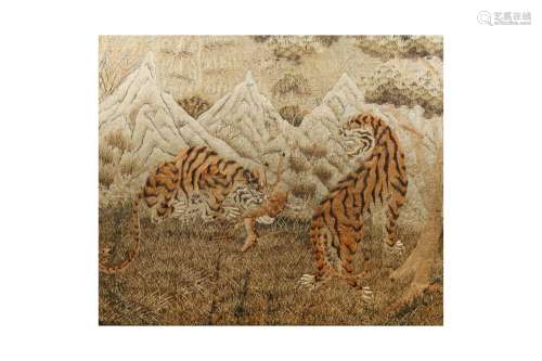 A JAPANESE EMBROIDERED 'TIGER AND DEER' PANEL. Meiji period....