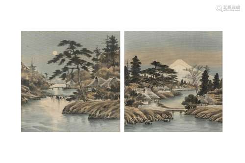 A PAIR OF JAPANESE VELVET 'LANDSCAPE' PAINTINGS. 19th/20th C...