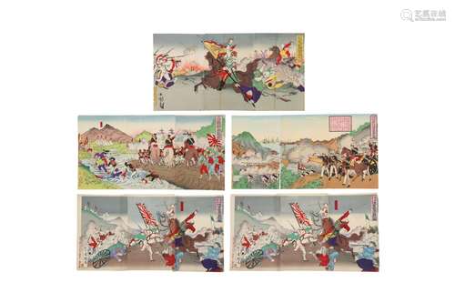 FIVE JAPANESE WAR PROPAGANDA WOODBLOCK PRINT TRIPTYCHS. Meij...