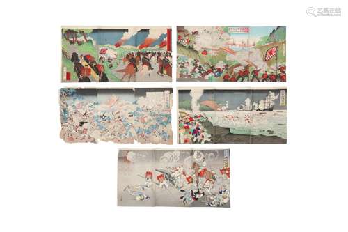 FIVE JAPANESE WAR PROPAGANDA WOODBLOCK PRINTS. Meiji period