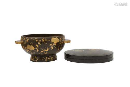 A JAPANESE KODAIJI-STYLE LACQUER MIMIDARAI BASIN AND A BOX A...