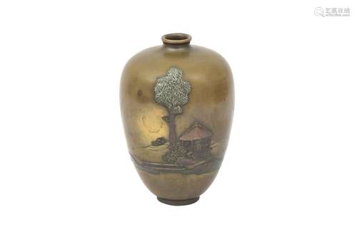 A JAPANESE INLAID-BRONZE 'LANDSCAPE' VASE BY INOUE. Meiji pe...