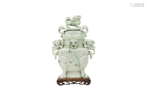 A CHINESE JADEITE 'DOUBLE BEAST' VASE AND COVER. With a flat...