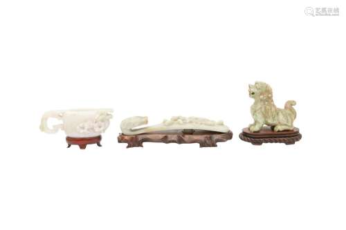 THREE CHINESE JADEITE AND JADE CARVINGS. Including a large p...