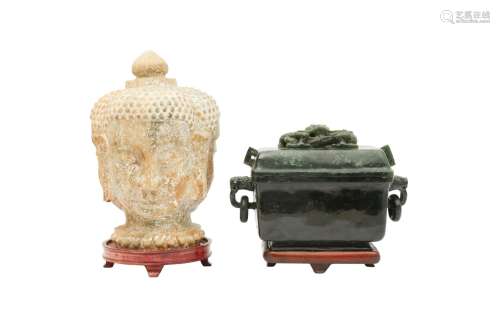 A CHINESE SPINACH-GREEN JADE BOX AND COVER AND A CELADON JAD...