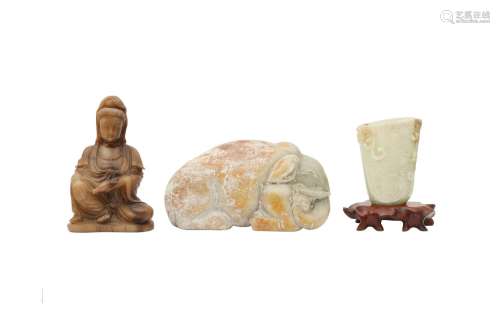 THREE CHINESE PALE CELADON JADE CARVINGS. Including: a large...